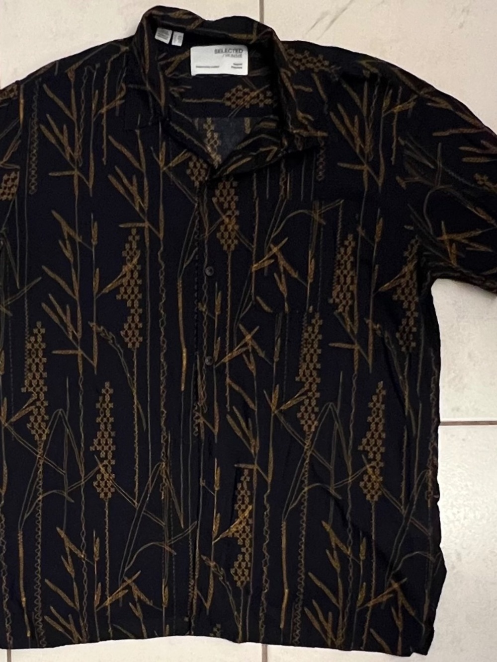 Selected Homme Men's Black Camp Printed Wheat Field Camp Resort Shirt Size 17.5